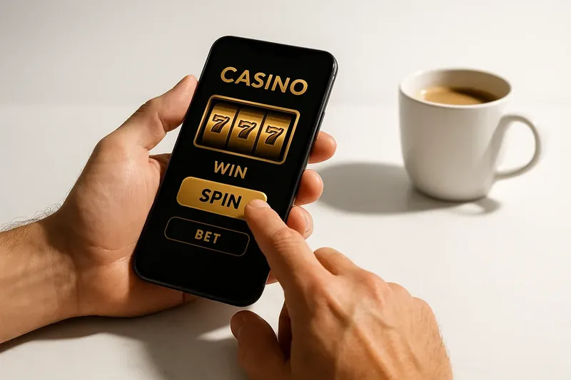 Man's hands tapping mobile casino interface on phone at marble desk