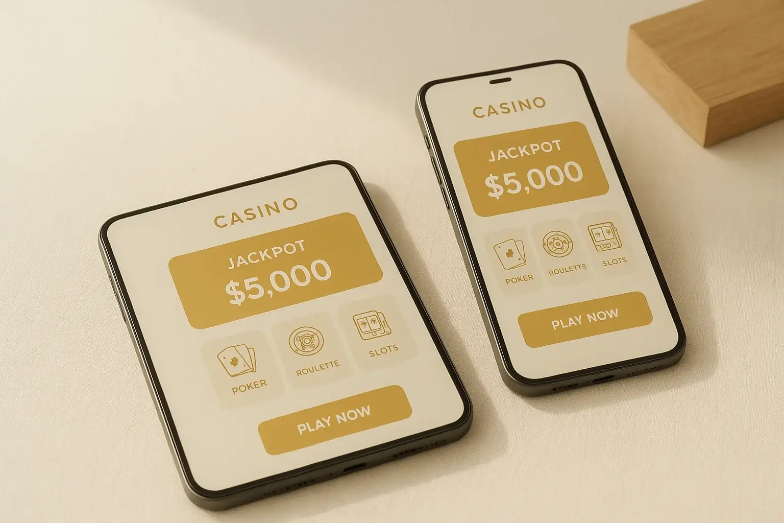 Two smartphones displaying a clean light casino app on white surface