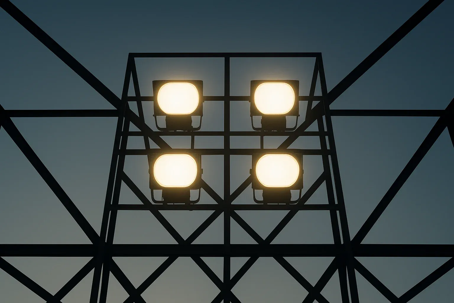 Stadium Floodlights Four bright stadium floodlights against darkening blue sky and metal structure