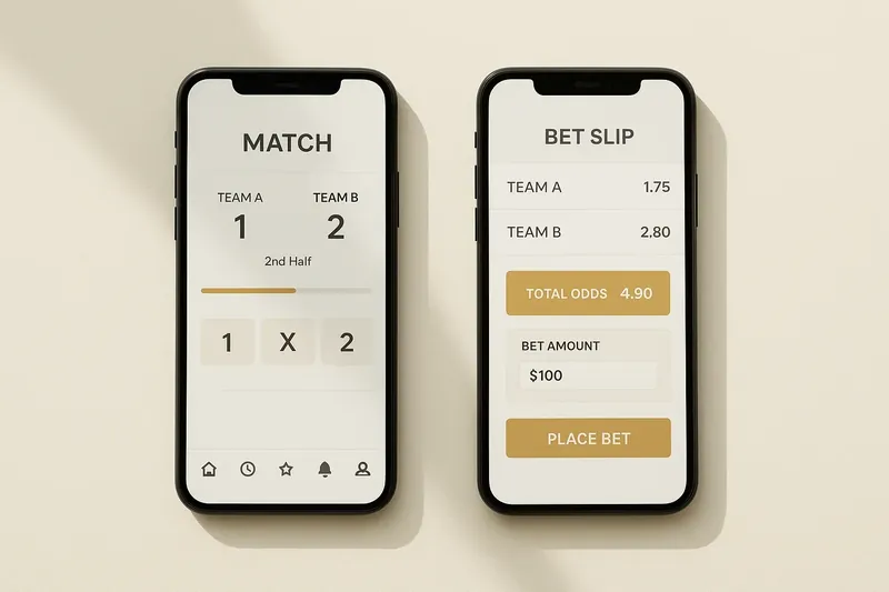 Two smartphones showing match dashboard and bet slip on cream surface
