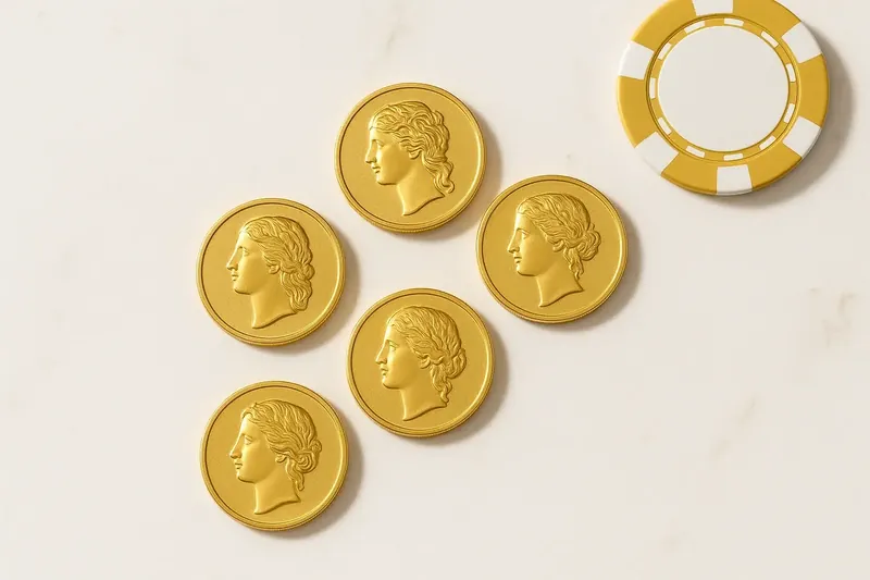 Five gold coins on cream marble with poker chip edge
