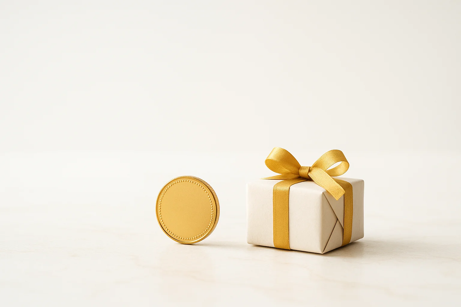 Single gold coin beside small unwrapped gift box on cream marble