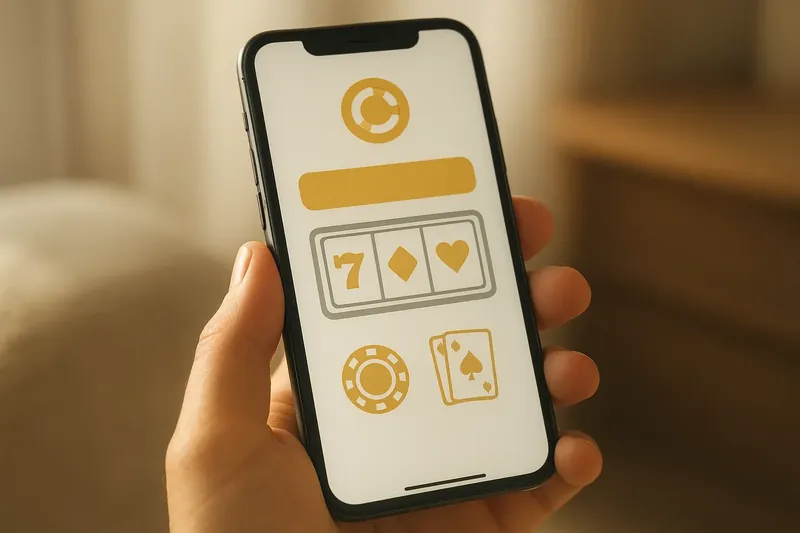 Hand holding smartphone with clean light-themed casino interface in warm lighting