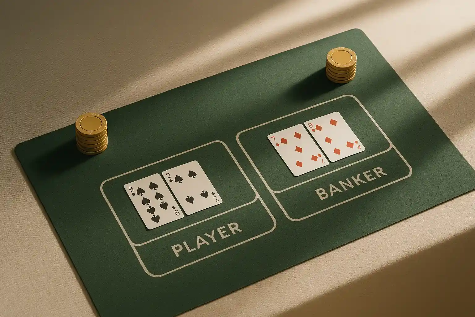 Overhead live baccarat table with gold chip towers and geometric shadows