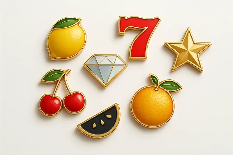 Assorted casino slot icons with fruit, diamonds, lucky sevens, and stars