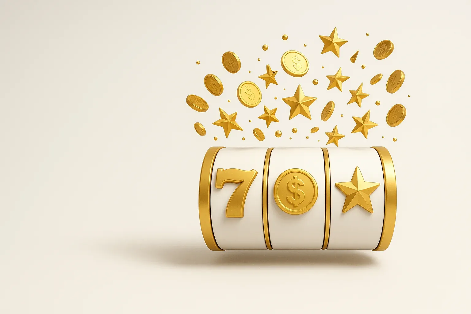 Colorful slot machine reels with gold symbols, coins, and exploding stars